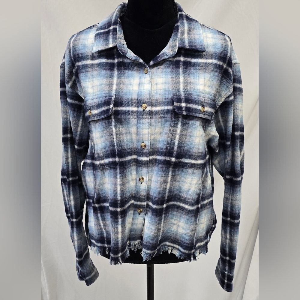 Lucky Brand women XL raw hem plaid cropped top flannel boxy gorpcore grangecore